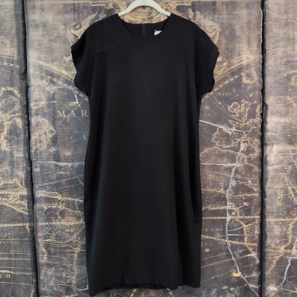 Vintage 80s Black Dress Cap Sleeve Zippered Back With Slit 100% Polyester Sz 8